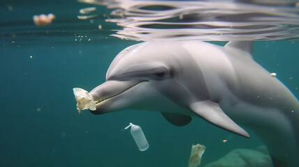 A dolphin is swimming amongst the rubbish, and other objects that are dangerous for them.