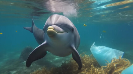 Obraz premium A dolphin is swimming amongst the rubbish and other objects that are dangerous for them.