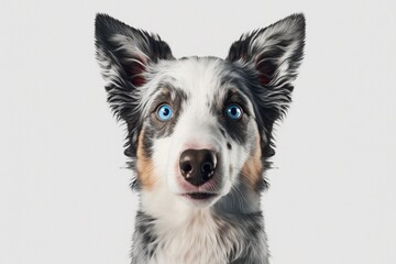 An image of a focused blue merle border collie looking at the camera is isolated on white. Generative AI