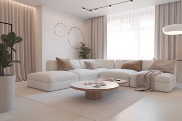 Fototapeta na wymiar interior design of a modern light living room with furniture created using generative Al tools