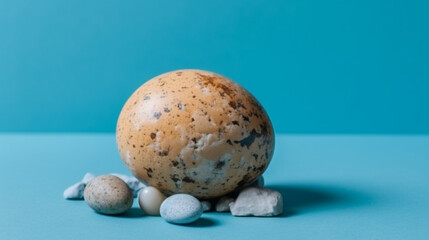 Stone put on Egg on blue background. minimal creative idea concept