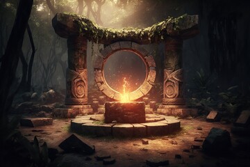 Ancient circle stone altar with fire. Ai - obrazy, fototapety, plakaty