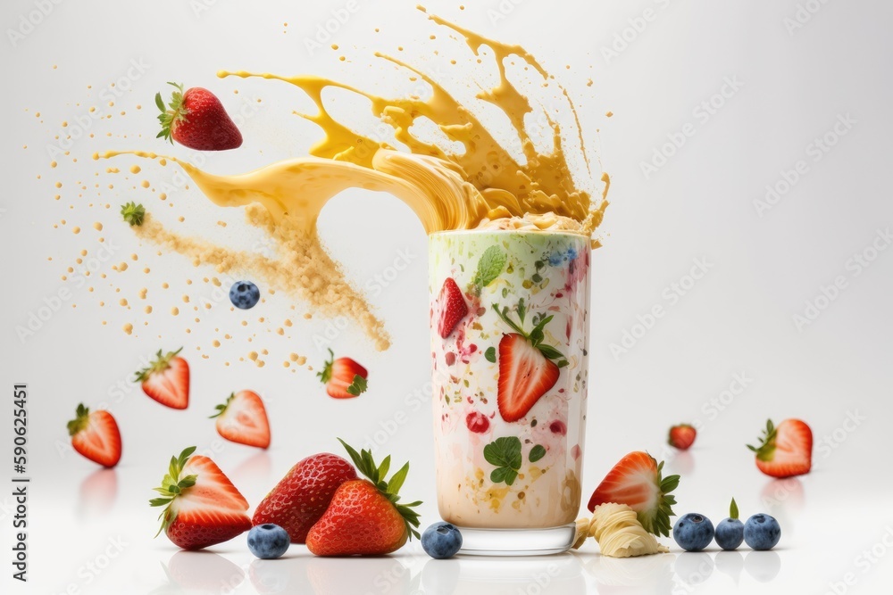Poster white background with a strawberry banana smoothie in the foreground. generative ai