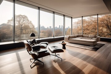Fototapeta na wymiar Luxurious living room with open floor plan, warm mahogany wood floors, oversized windows, and stylish minimalist furniture.