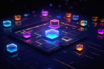 A group of cubes with neon lights in a blue abstract pattern representing technology, computer, and data. Ai generative.