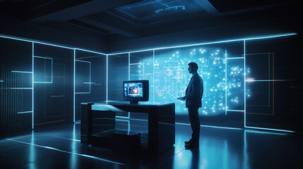 Big data technology and data science. A futuristic businessman analyzing computer data in blue glowing design. Ai generative.