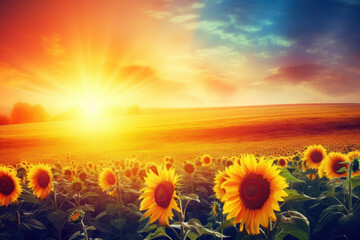 Blooming sunflowers against setting sun. A beautiful summer landscape with yellow sunflowers and sunlight Ai generative.