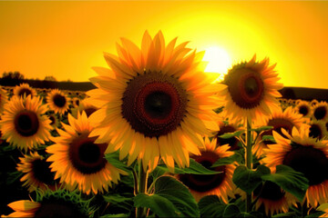 Blooming sunflowers against setting sun. Beautiful yellow flowers in nature during summertime sunset. Ai generative.