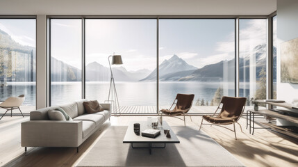Fototapeta premium Living room with large windows and a couch, featuring modern design and luxury wood flooring Ai generative.
