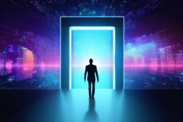 Fototapeta premium Men walking into metaverse world, futuristic blue suits glowing with success Ai generative.