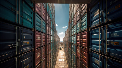 Steel cargo containers stacked against a modern skyscraper, reflecting its futuristic technology Ai generative.