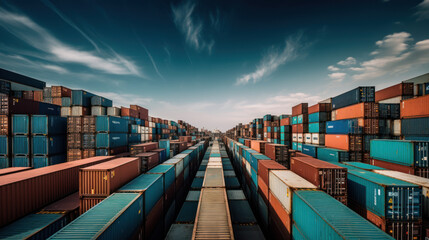Fototapeta premium Steel cargo containers stacked at a commercial dock for freight transportation and shipping Ai generative.