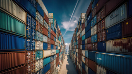Fototapeta premium Steel cargo containers stacked at a commercial dock for freight transportation Ai generative.