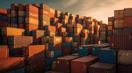 Steel cargo containers stacked at a commercial dock for freight transportation and shipping, industry. Ai generative.