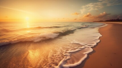 Golden sunset over a pristine, tranquil beach - obrazy, fototapety, plakaty