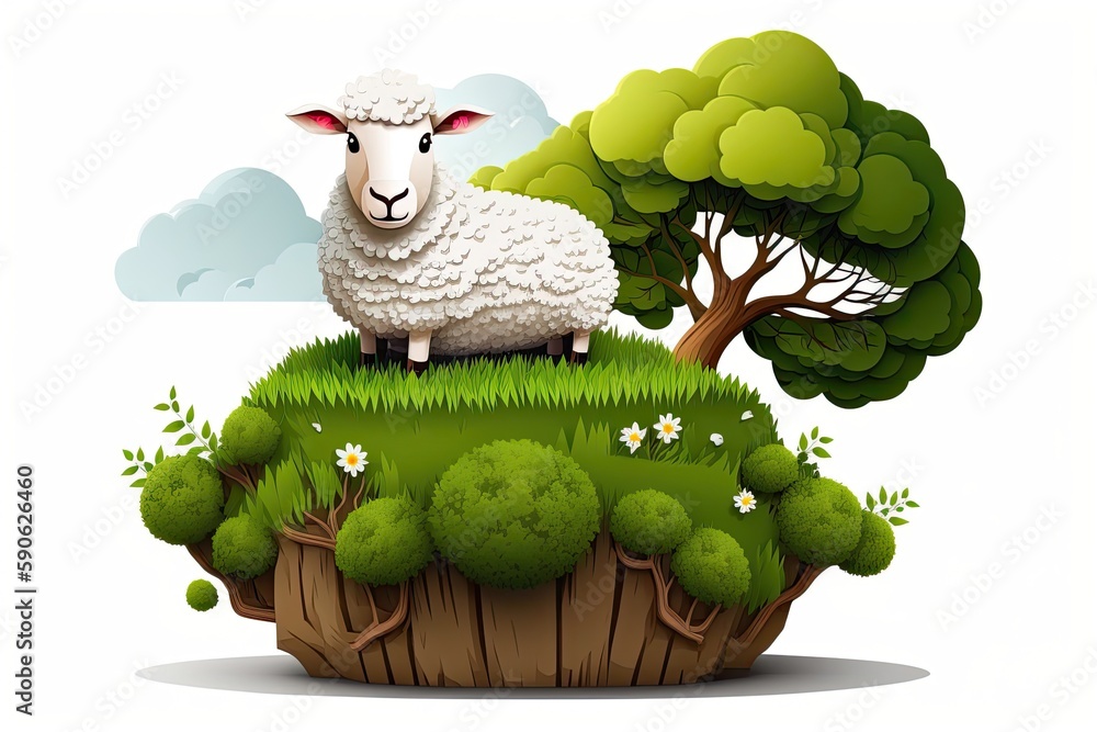 Poster wonderful and charming sheep on a hill covered with greenery. generative ai