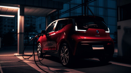 Fototapeta premium A silhouette of an EV electric car with a low battery charge at an electric charging station is seen. Generative ai