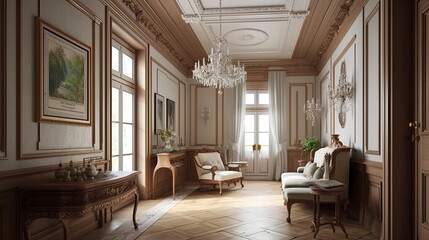 Luxury classic interior of a hall in a mansion with decorated armchairs, windows and wall art. Generative ai design idea - obrazy, fototapety, plakaty