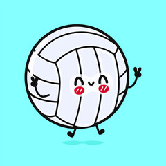 Cute funny jumping volleyball. Vector hand drawn cartoon kawaii character illustration icon. Isolated on blue background. Volleyball ball character concept