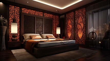 Interior of a an exotic orange middle eastern oriental bedroom - 3D rendered generative ai illustration