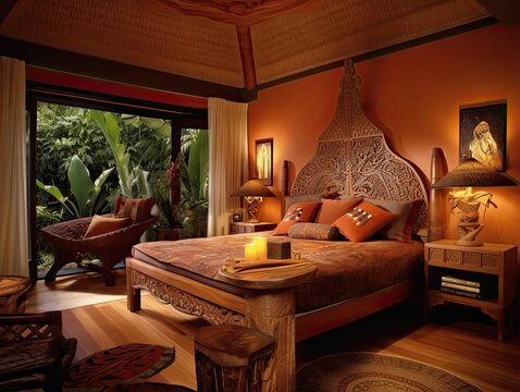 Interior Of A An Exotic Indian Style Bedroom In Orange Color And Jungle Outside The Window - 3D Rendered Generative Ai Illustration