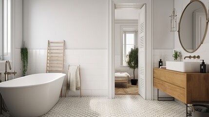 White minimalist scandinavian bathroom interior with white bathtub, wooden ladder and cabinet and round mirror. Generative ai design idea without people