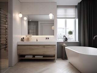 Scandinavian bathroom interior design with white bathtub, mirror and black curtain, generative ai design idea