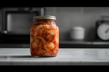 Homemade organic traditional korean kimchi cabbage salad in a glass jar on a wooden table.  Korean Fermented Vegetables Side Dish. Generative ai