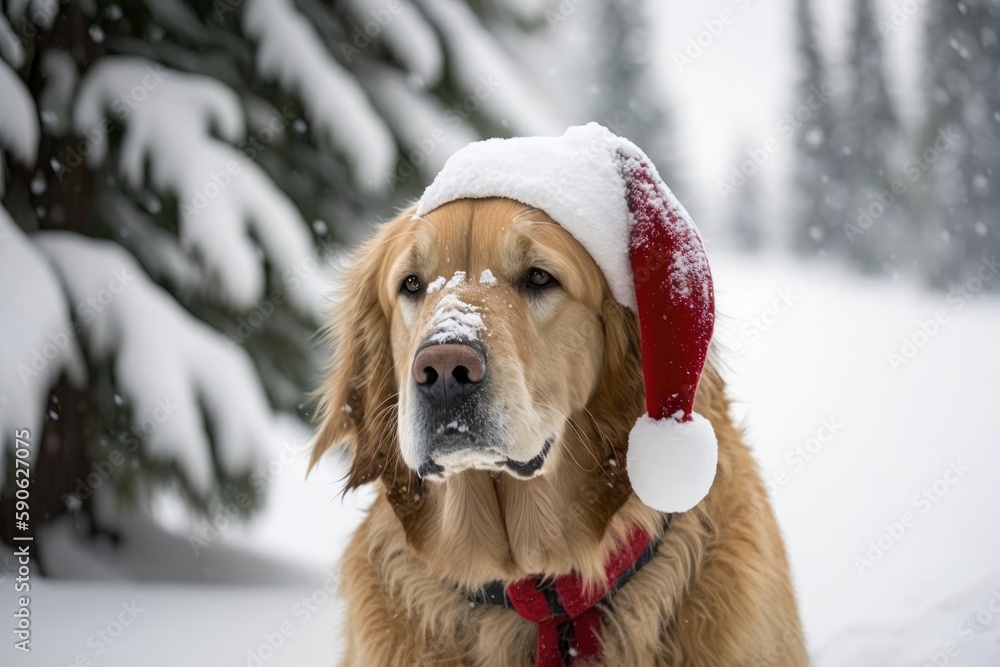 Wall mural A picture shows a dog chilling in the snow and wearing a Santa hat and Christmas wreath. Generative AI