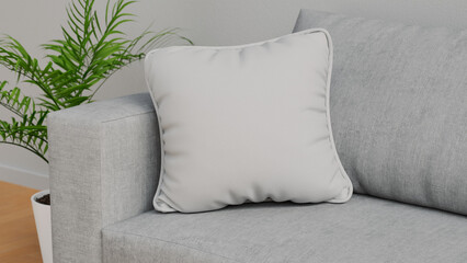 mockup of white square cushion on a gray sofa