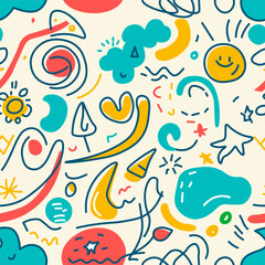 Decorative abstract seamless background with colorful doodles. Hand drawn modern collection