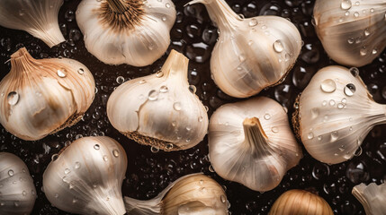 Hyperrealistic Dark-Toned Garlic Macro Photograph: Wet from Rain with Realistic Illustration and Dew Drops for Stunning Product Presentation