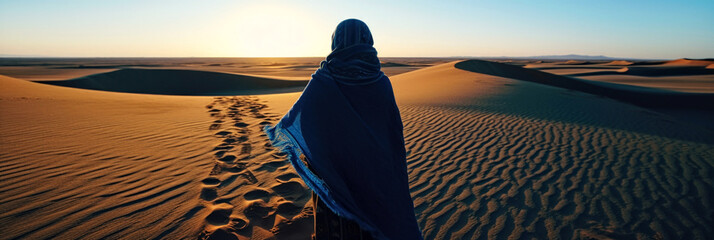 Panorama mit Frau im blauen Gewand vor unendlicher Wüste, Generative AI
