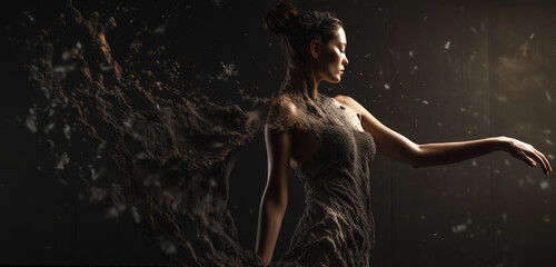 Fashion Portrait, Studio Produktion, brünette Frau mit einem Kleid aus Sand,  Generative AI