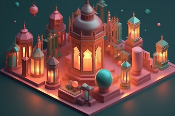 Obraz premium Isometric 3d illustration of ramadan celebration concept, muslim and islam relligion