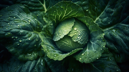 A head of cabbage with water droplets on it - obrazy, fototapety, plakaty
