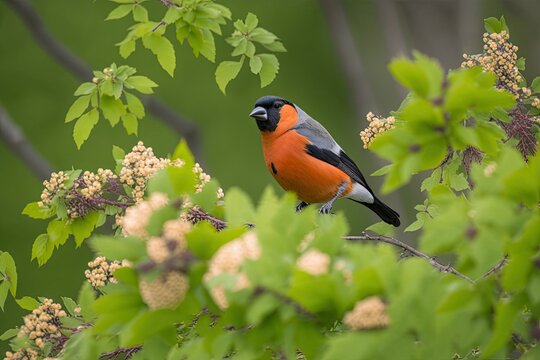 Tiny bird perched on blooming tree branch. bullfinch, also known as the eurasian bullfinch,. Generative AI