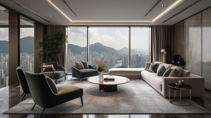 Fototapeta na wymiar Luxurious living room, contemporary Hong Kong style, marble floors, velvet furniture, Idea for design. AI 