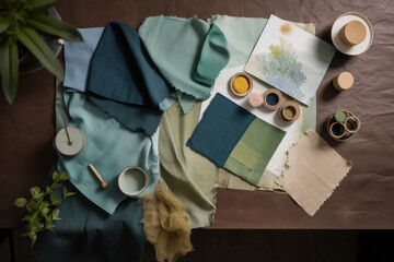 Interior design mood board with fabric and paint swatches. Generative ai
