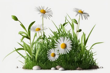 Using an alpha mask, daisies and green grass were isolated on a white backdrop. Generative AI - obrazy, fototapety, plakaty