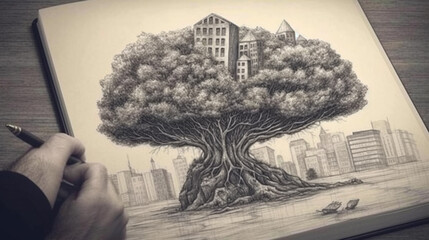 Drawing a big tree with a skyscraper in the background.