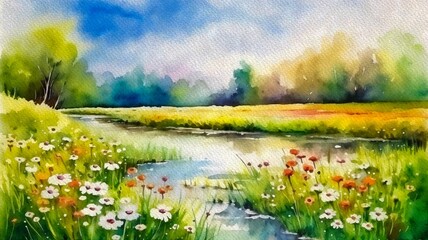 Fototapeta na wymiar Watercolor paintings landscape with grass and flowers