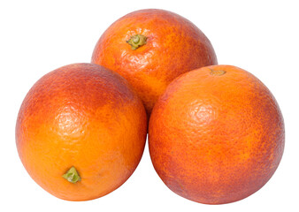 Three ripe red oranges on a white isolated background