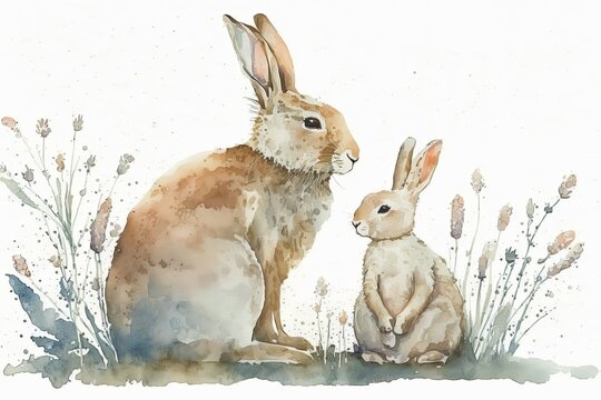 Mom and her child are depicted as adorable watercolor hares. Generative AI