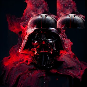 darth vader completely formed with battle damage to one side of his helmet from a dark liquid emerging from magic red mist 