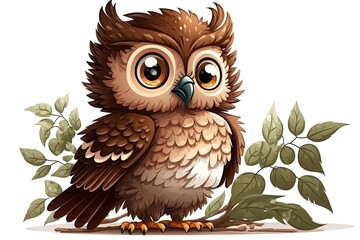 Fototapeta premium White backdrop with a cute owl painting. a picture of an owl on a white background. Generative AI