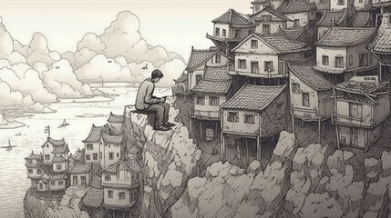 Houses on the cliff with a man sitting on the edge.