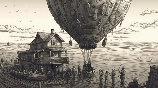 Fantasy scene with hot air balloon flying over the sea. Cartoon illustration