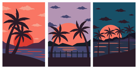Fototapeta na wymiar Vector set of tropical backgrounds with palms, sea,clouds,sky,beach. .