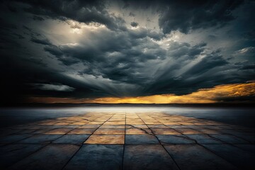 Fototapeta premium Background with dramatic sky and epic floor with storm clouds in the setting sun. Generative AI